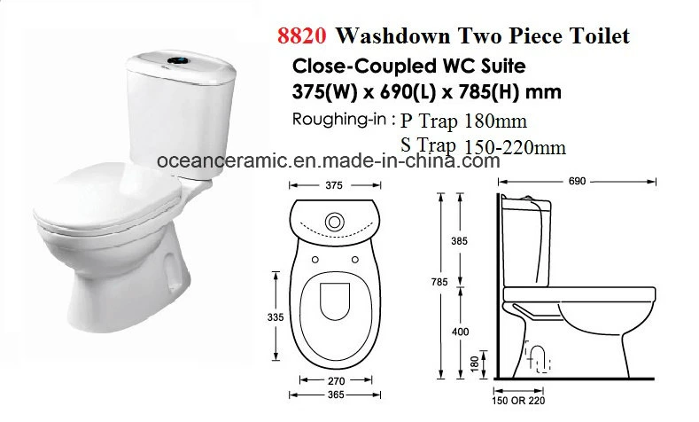 8820 Washdown Two Piece Toilet, Close-Coupled Wc Suite